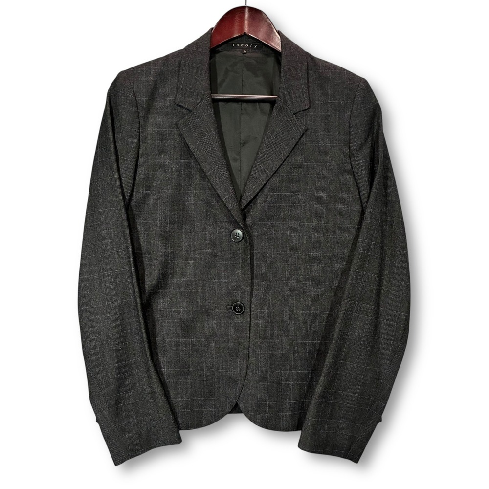EUC Theory Plaid Wool Blazer Suit Jacket Women's 10 Charcoal Gray